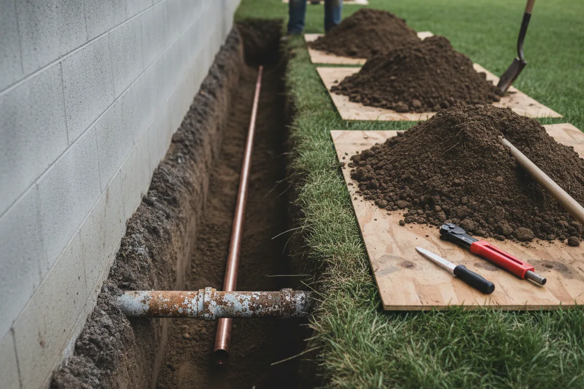 Excavated water line trench during Water Heater Repair in Holmes